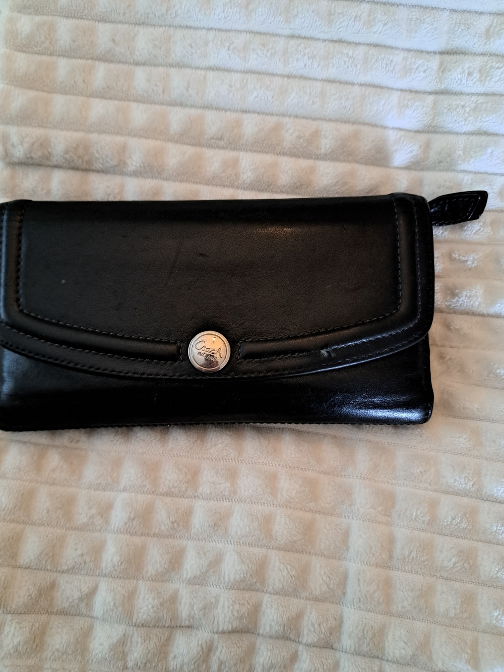 Coach Black Leather Continental Wallet with Silver Button